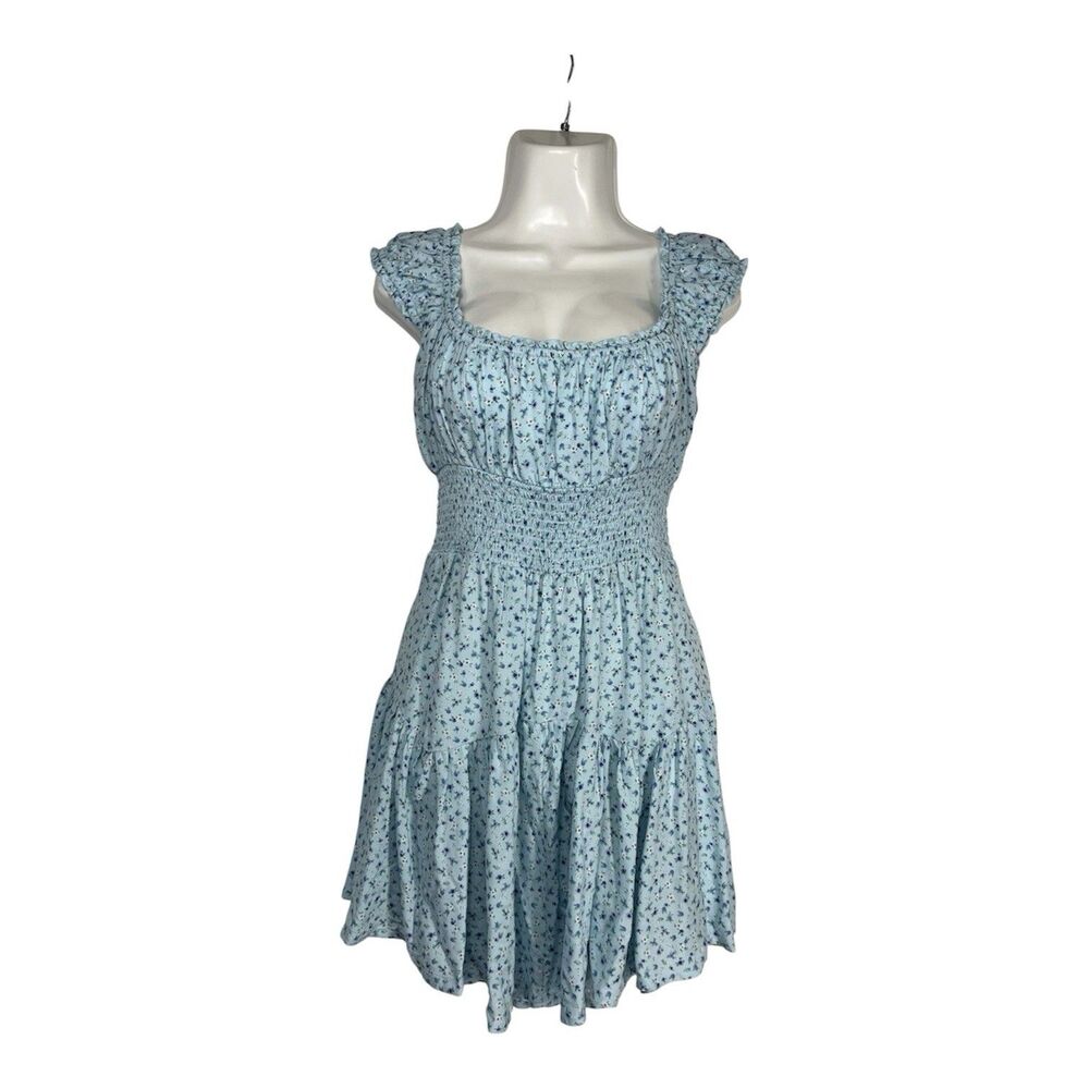 Aeropostale Smocked Bodice Sundress Medium Blue Ditzy Floral Ruffle Mini Tiered